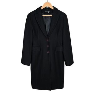 Seduction Women's Black Wool Blend Longline Coat Button Up Pockets Lined M